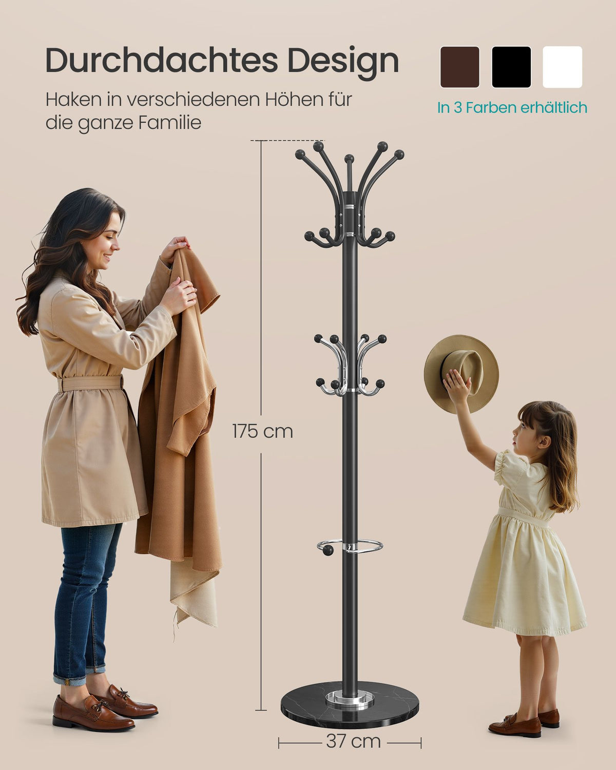 Kapstok - Staand met Haken - Zwart - 38 x 38 x 178 cm