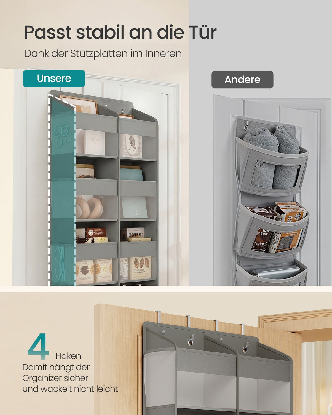 Deurorganizer - 17 x 50 x 150 cm - 9 vakken, 10 zijvakken - opvouwbaar - transparant - duifgrijs - maximaal 20 kg