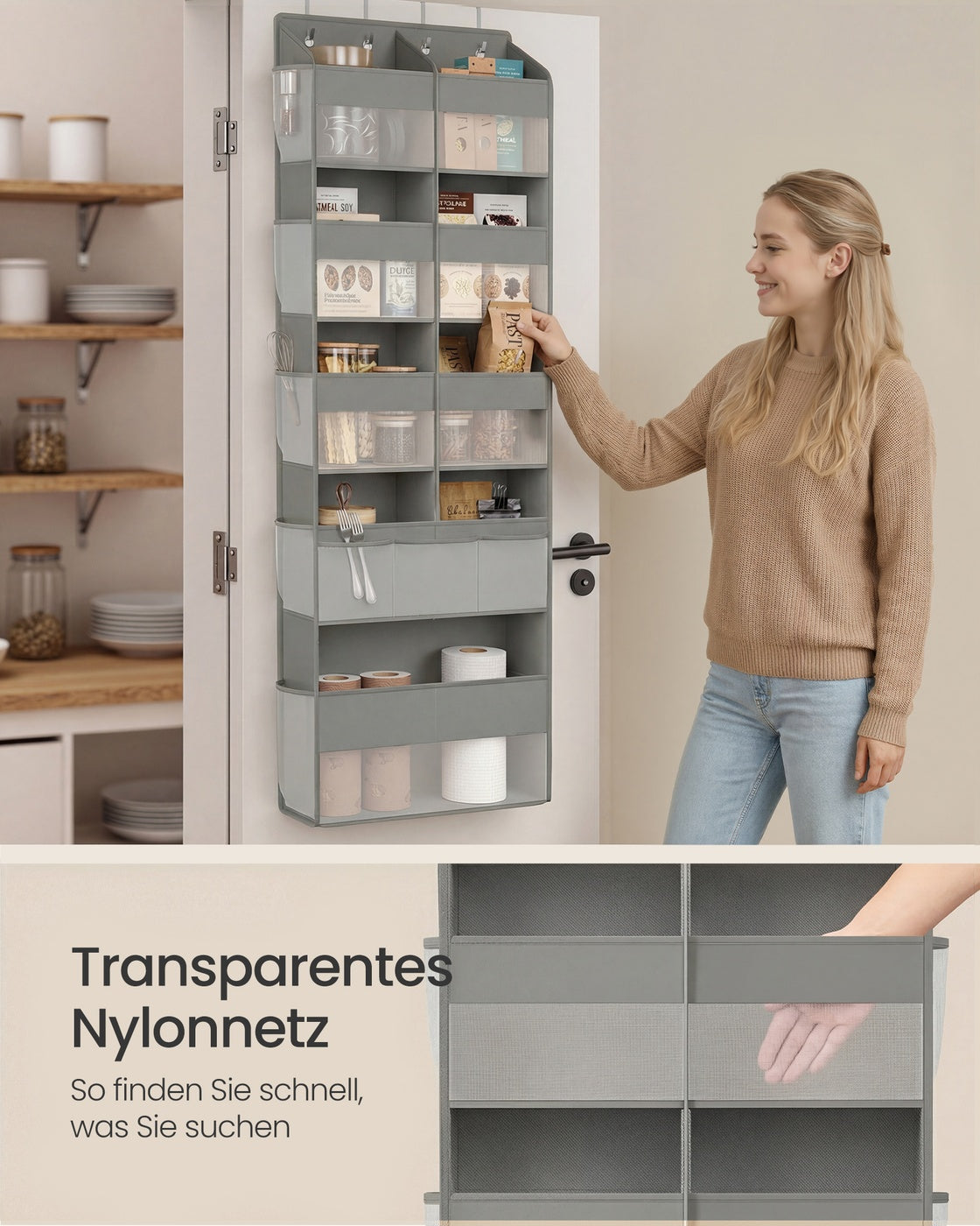 Deurorganizer - 17 x 50 x 150 cm - 9 vakken, 10 zijvakken - opvouwbaar - transparant - duifgrijs - maximaal 20 kg