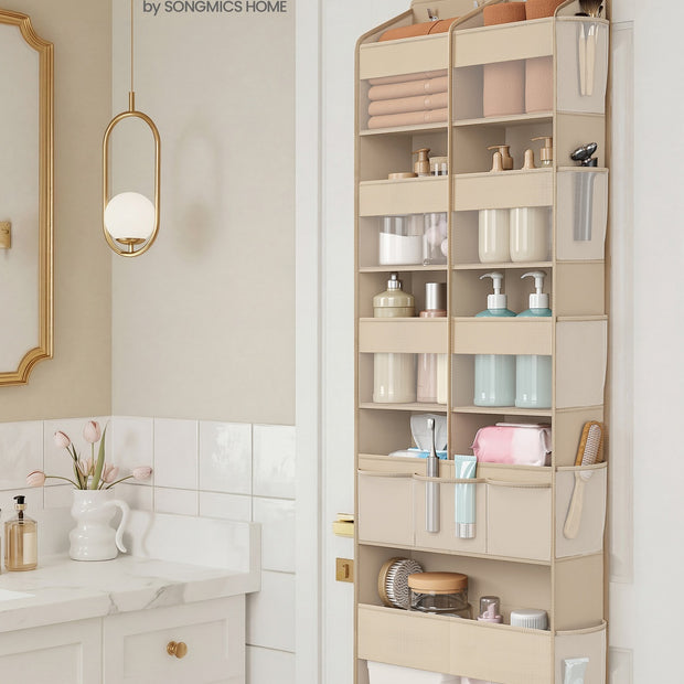 Deurorganizer - 17 x 50 x 150 cm - 9 vakken, 10 zijvakken, opvouwbaar - kleur: zandbeige - maximale belasting 20 kg