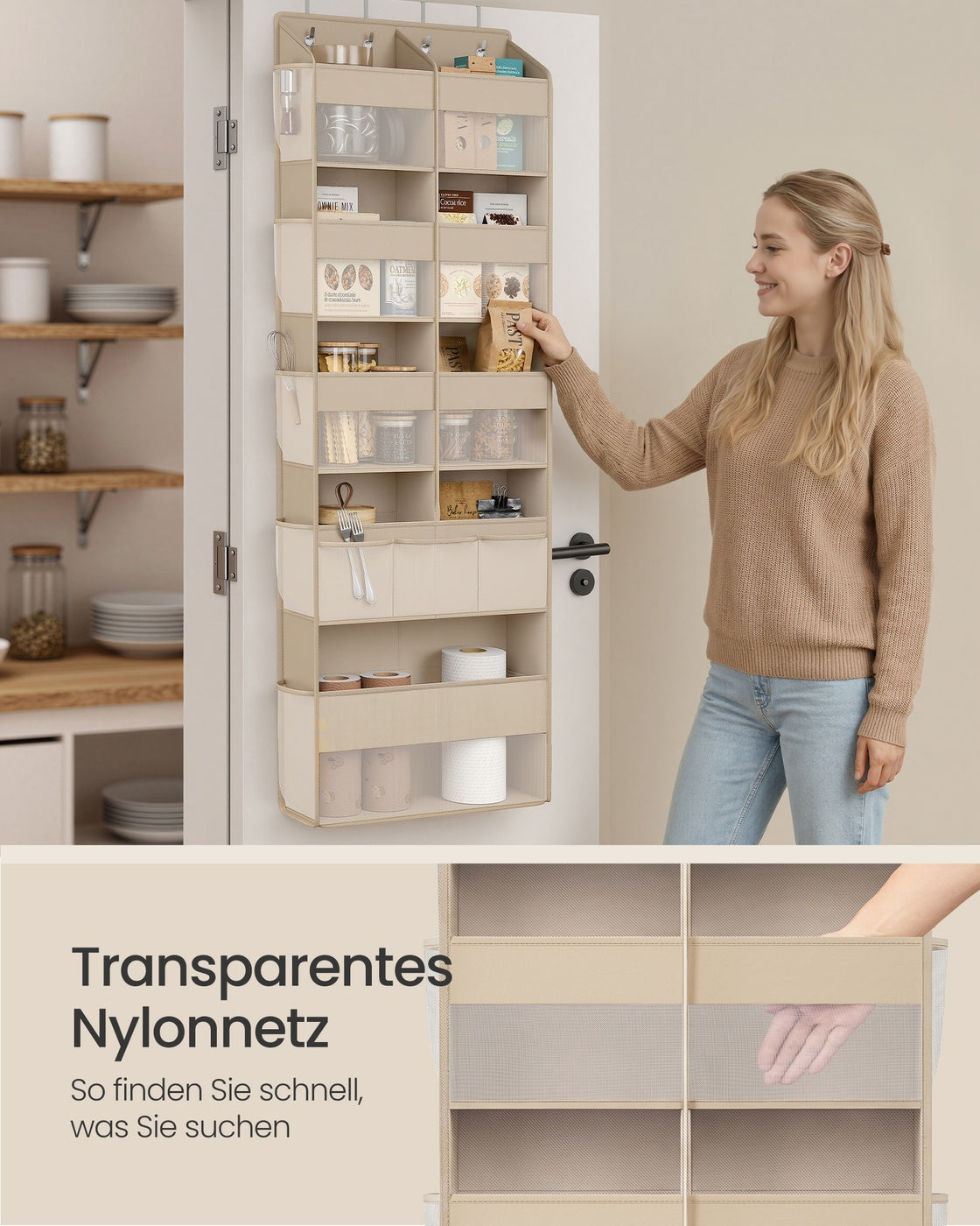 Deurorganizer - 17 x 50 x 150 cm - 9 vakken, 10 zijvakken, opvouwbaar - kleur: zandbeige - maximale belasting 20 kg
