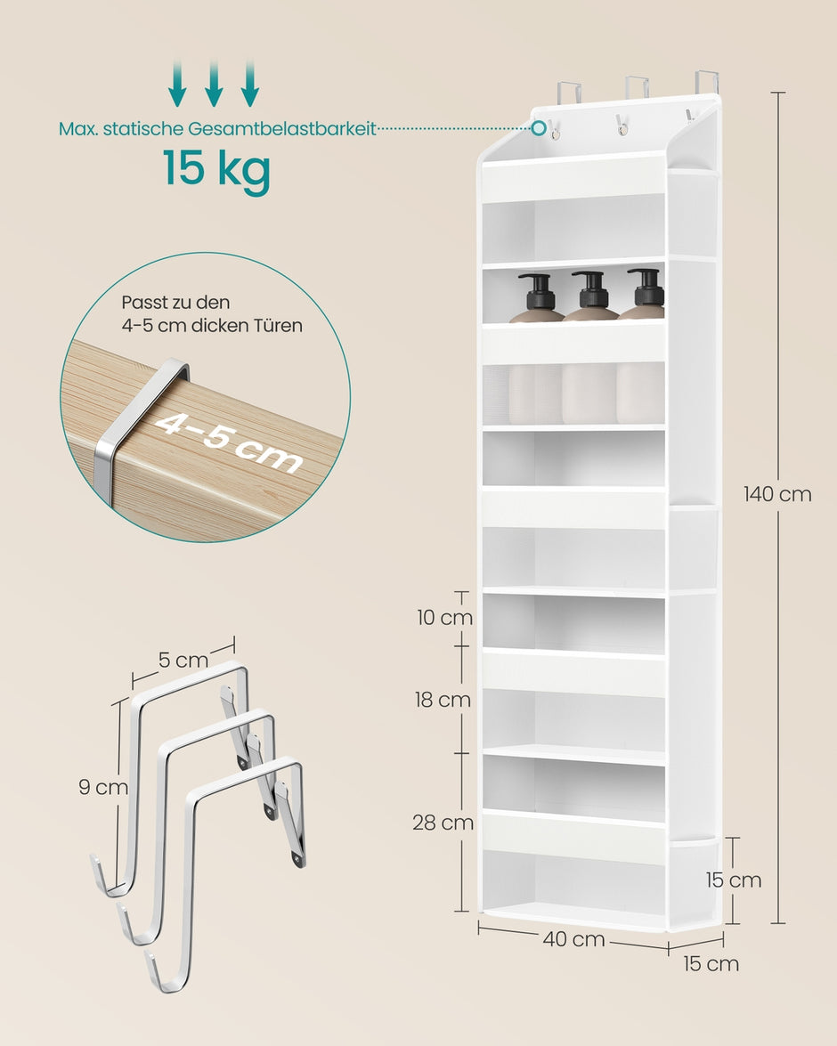 Deurorganizer - 15 x 40 x 140 cm - 5 vakken - opvouwbaar - transparant - wolkenwit - maximaal 15 kg
