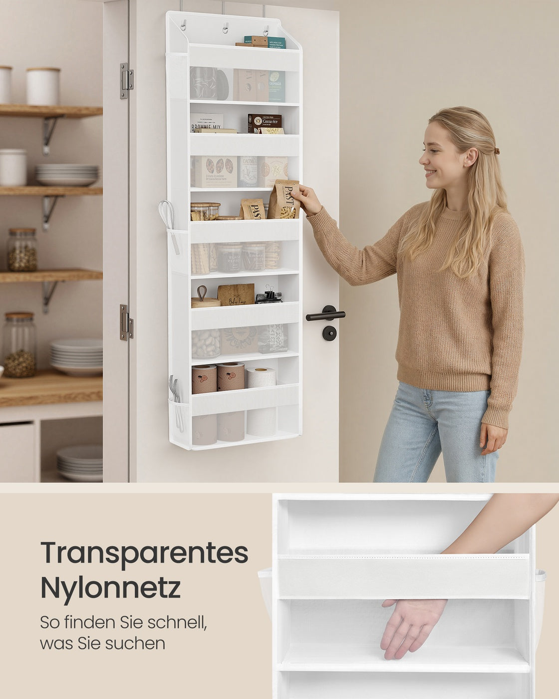 Deurorganizer - 15 x 40 x 140 cm - 5 vakken - opvouwbaar - transparant - wolkenwit - maximaal 15 kg