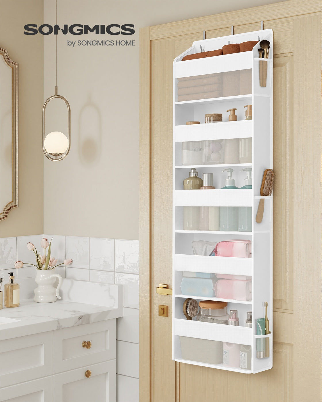 Deurorganizer - 15 x 40 x 140 cm - opvouwbaar - 5 vakken - transparant - wolkenwit - maximum belasting 15 kg - set van 2