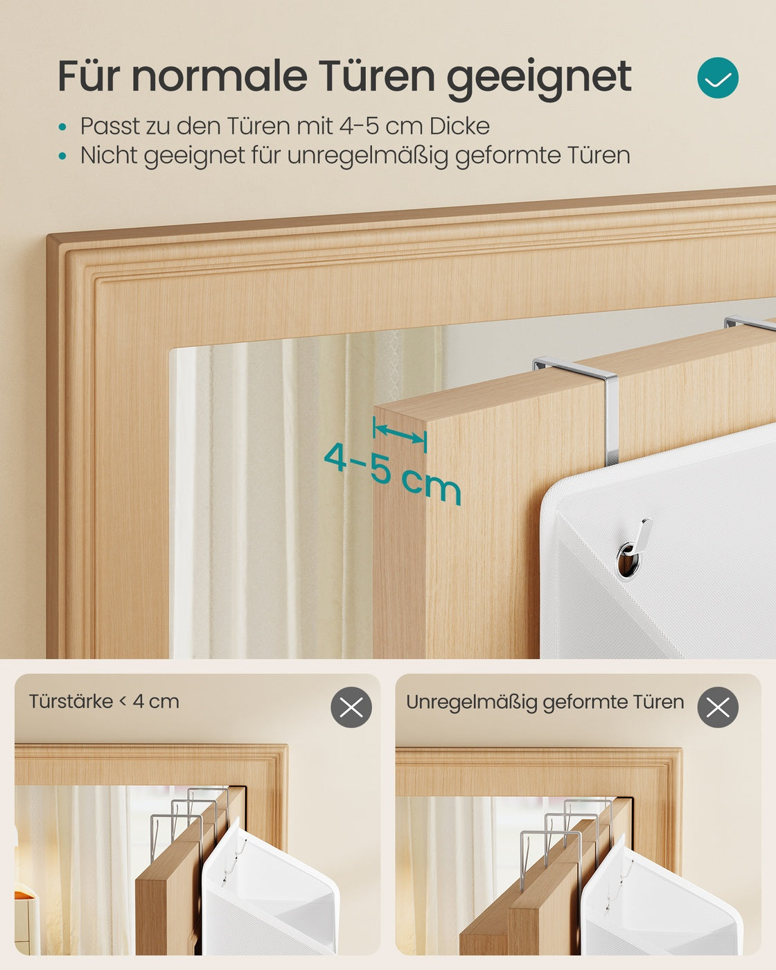 Deurorganizer - 15 x 40 x 140 cm - opvouwbaar - 5 vakken - transparant - wolkenwit - maximum belasting 15 kg - set van 2