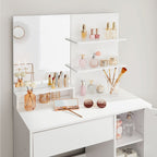 Toalettbord - Make -Up Table - 1 stor låda - med spegel och belysning - 2 hyllor - vitt