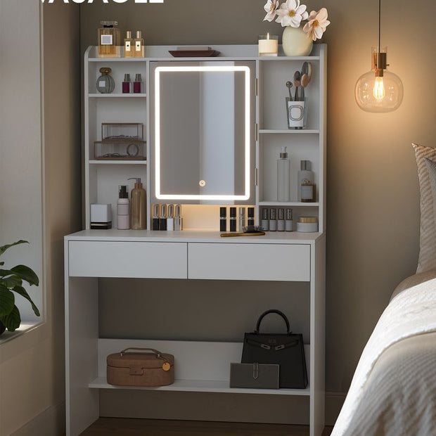 Sminkbord - LED-belysning och spegel - 2 lådor - Vit