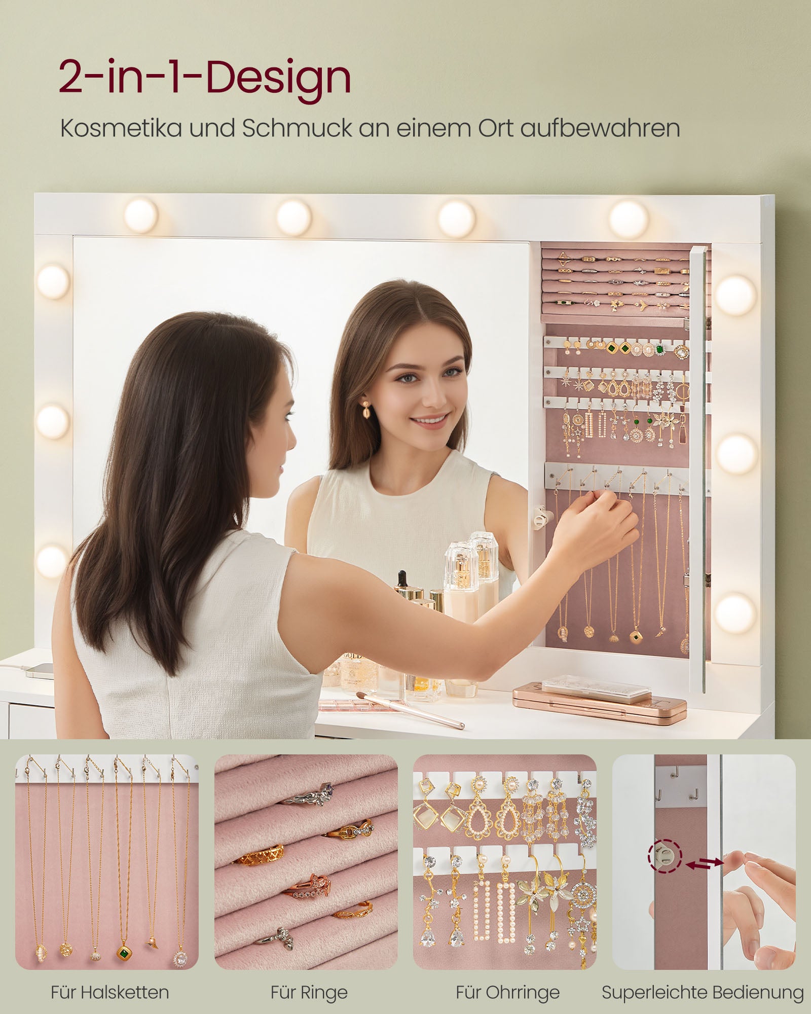 Toalettbord med LED-belysning och molnvit spegel