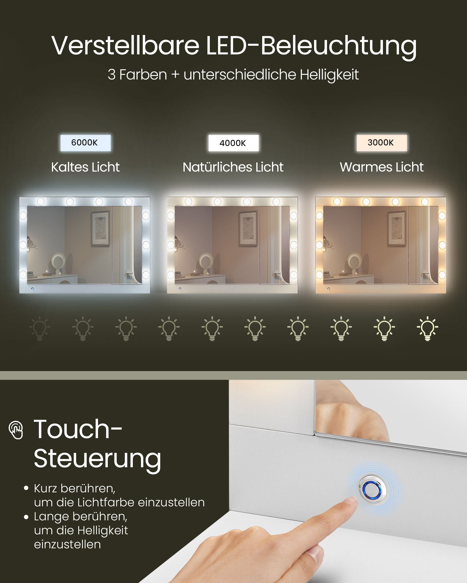 Toalettbord med LED-belysning och molnvit spegel