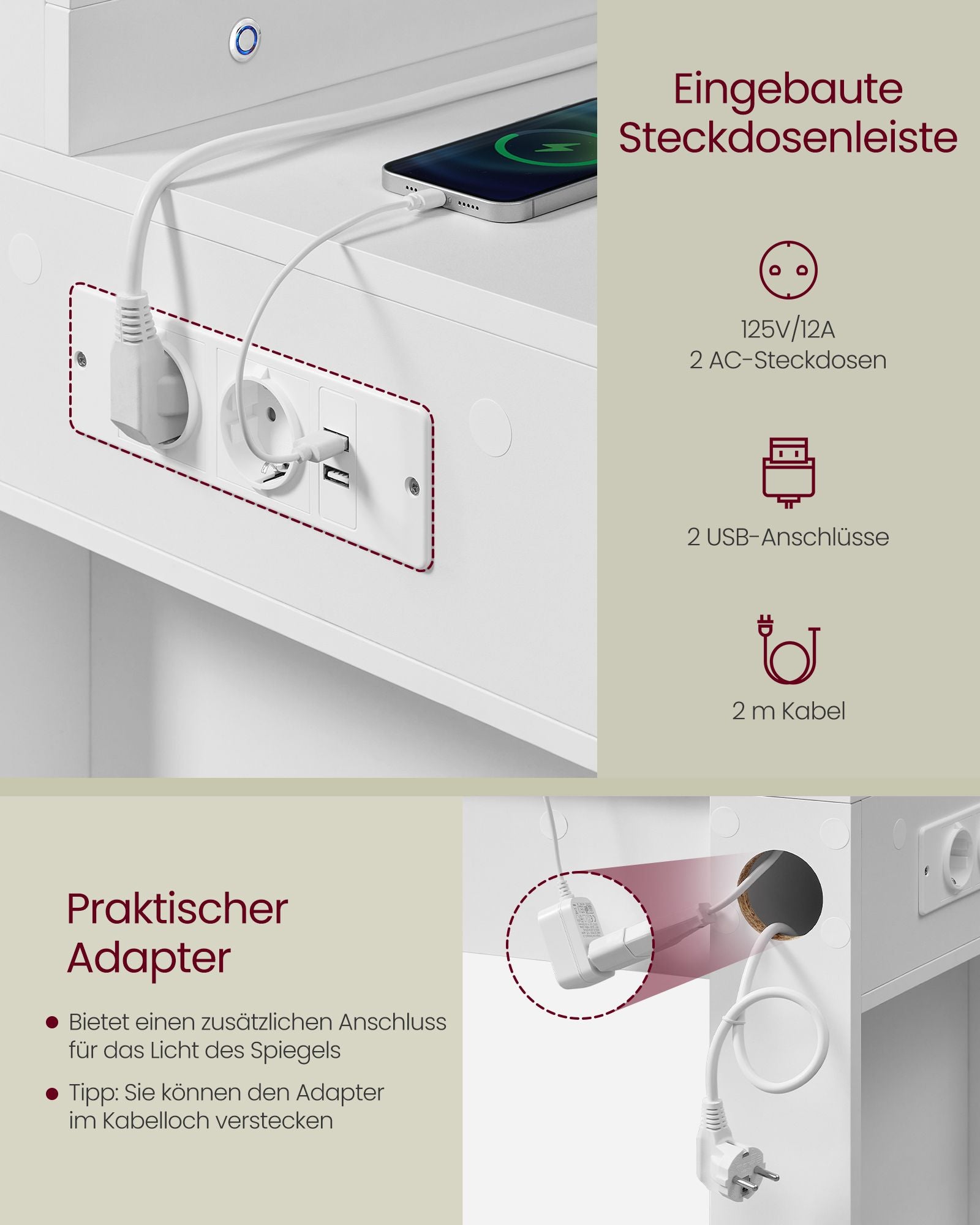 Toalettbord med LED-belysning och molnvit spegel