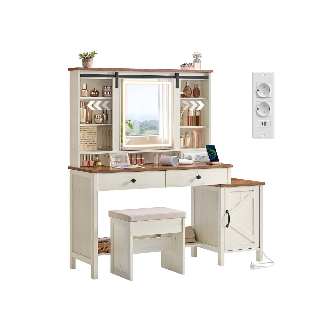 Sminkbord - Spegelbelysning och flera lådor - White Wood Look - Sovrum