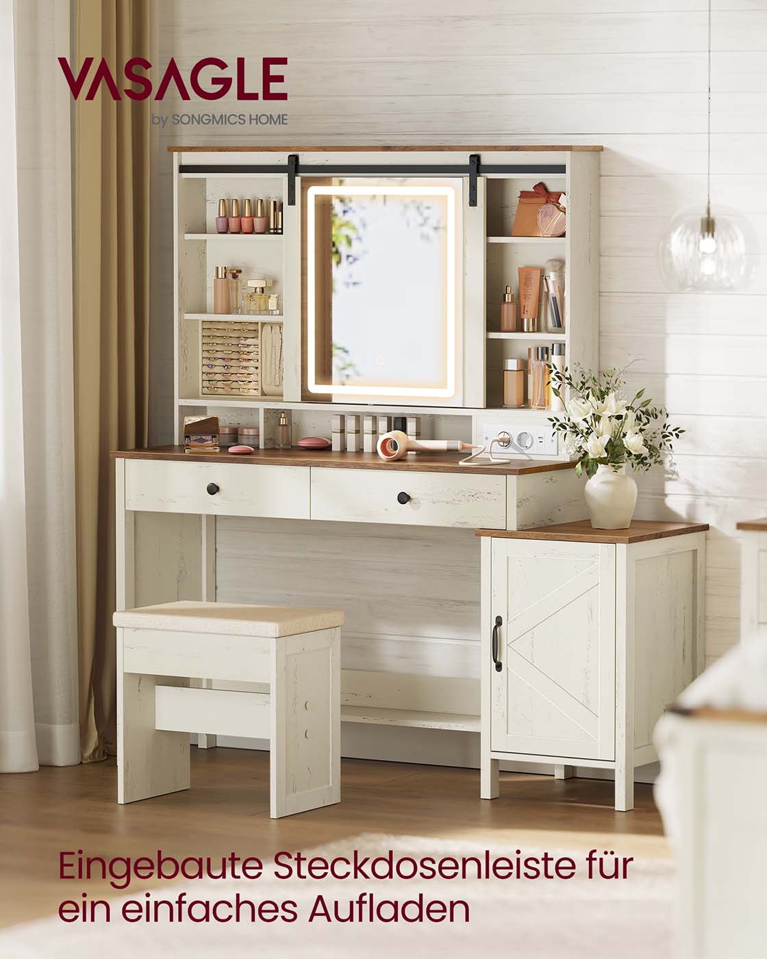 Sminkbord - Spegelbelysning och flera lådor - White Wood Look - Sovrum