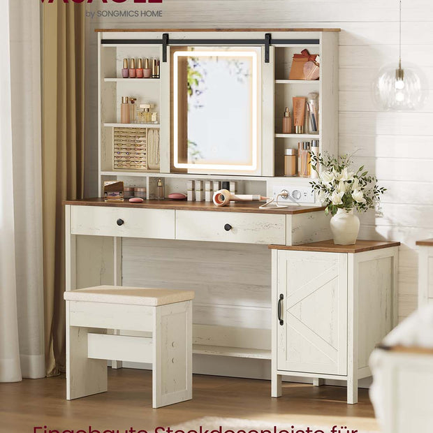 Sminkbord - Spegelbelysning och flera lådor - White Wood Look - Sovrum