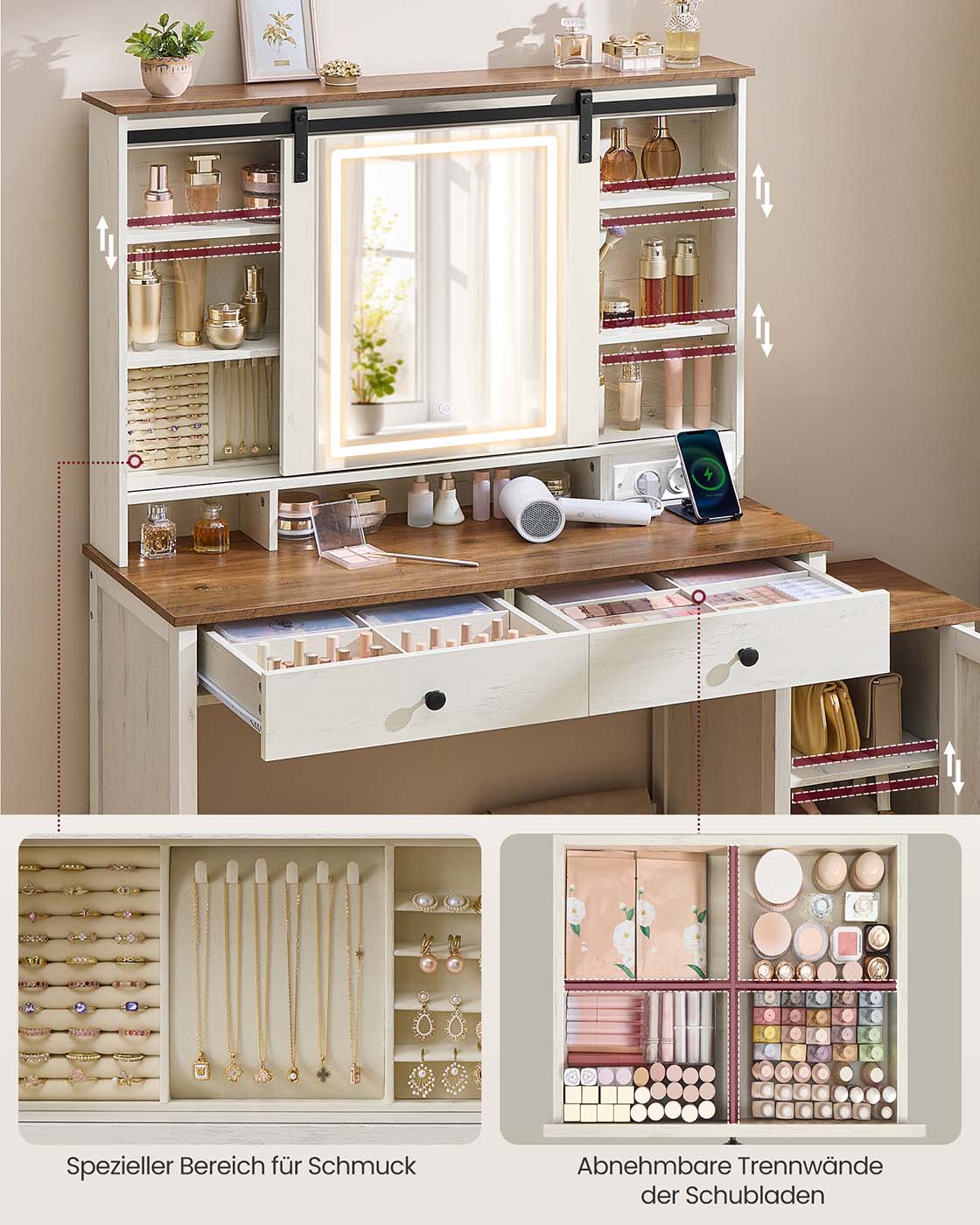 Sminkbord - Spegelbelysning och flera lådor - White Wood Look - Sovrum