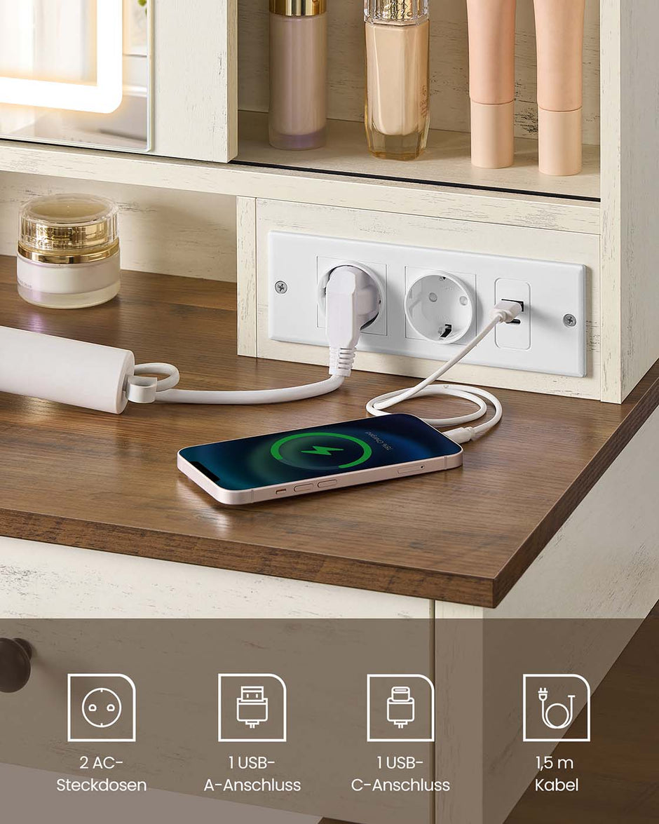 Sminkbord - Spegelbelysning och flera lådor - White Wood Look - Sovrum