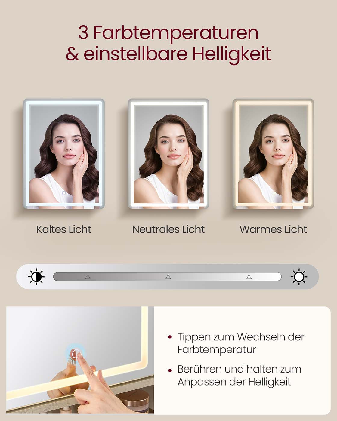 Sminkbord - Spegelbelysning och flera lådor - White Wood Look - Sovrum