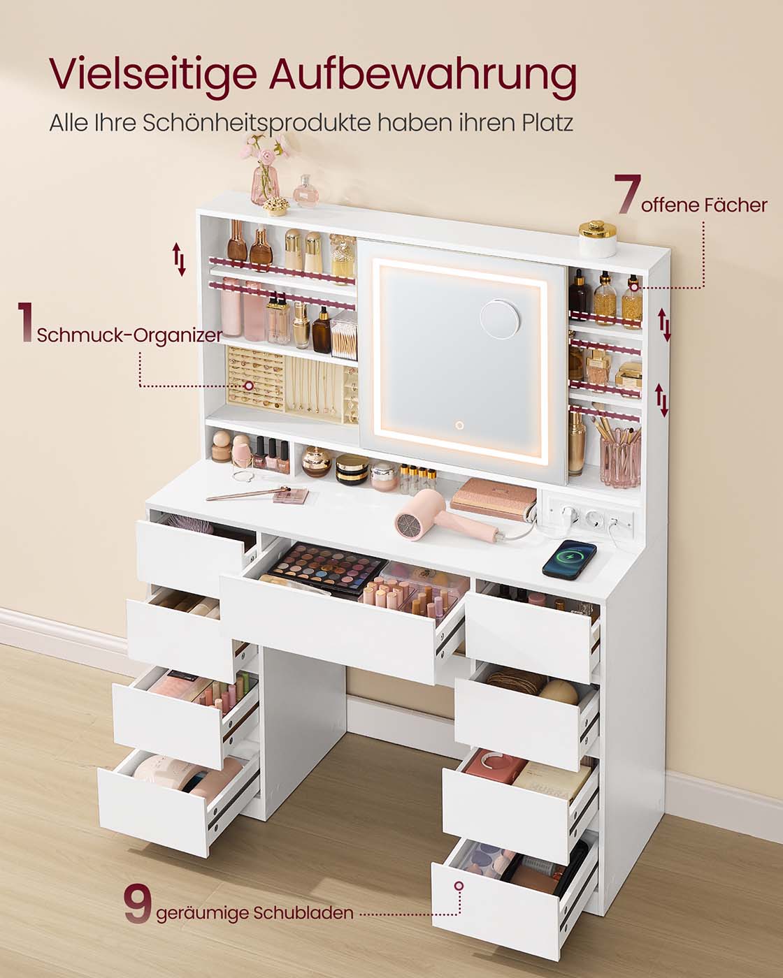 Sminkbord - Sminkbord - Spegel med LED-belysning - Eluttag - 9 lådor