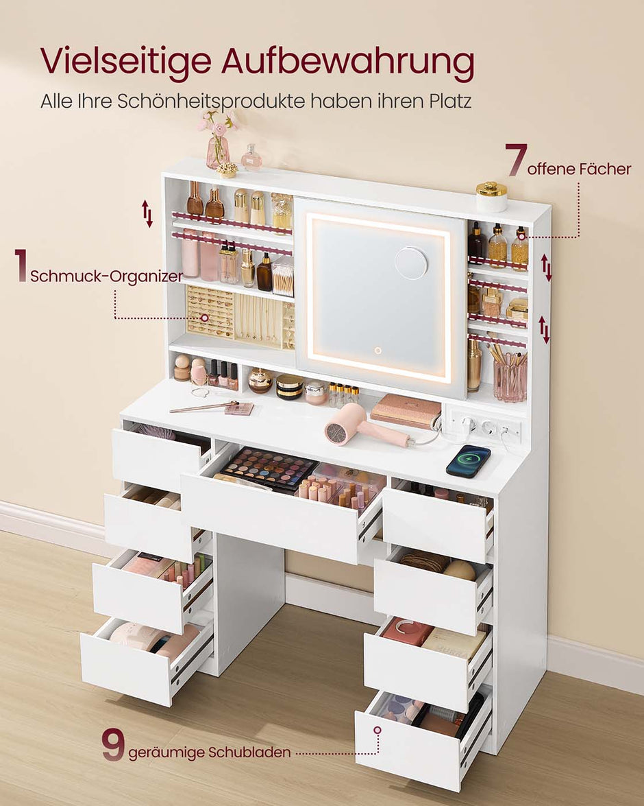 Sminkbord - Sminkbord - Spegel med LED-belysning - Eluttag - 9 lådor