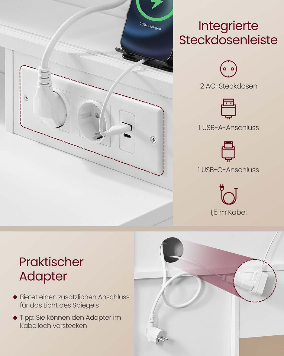 Sminkbord - Sminkbord - Spegel med LED-belysning - Eluttag - 9 lådor