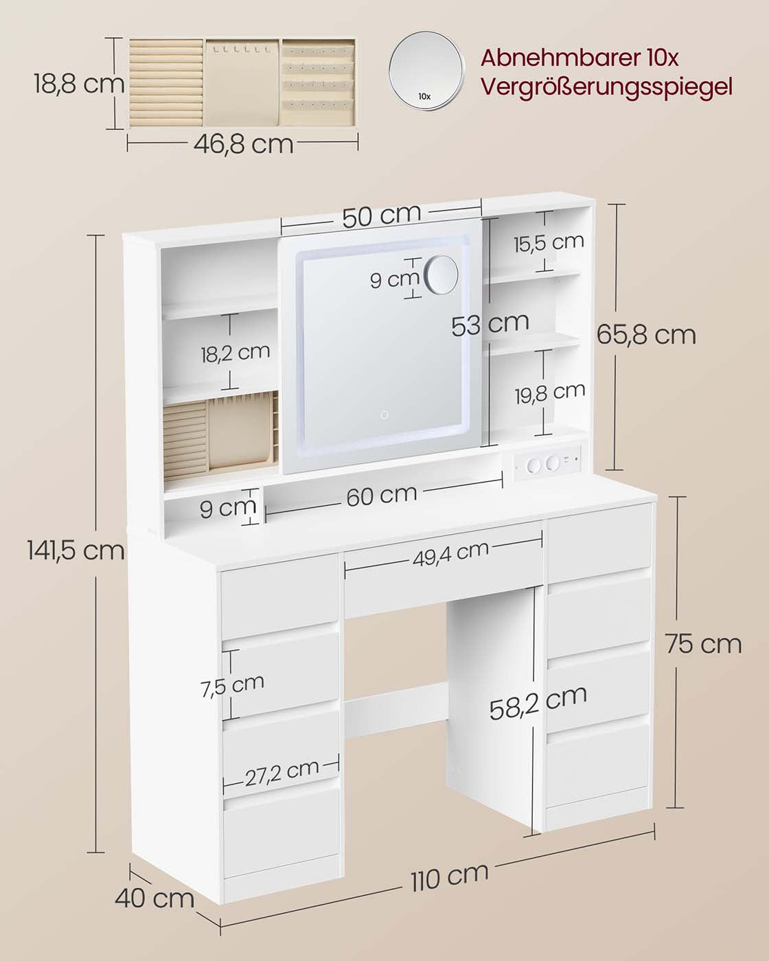 Sminkbord - Sminkbord - Spegel med LED-belysning - Eluttag - 9 lådor
