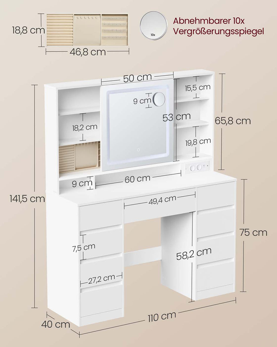 Sminkbord - Sminkbord - Spegel med LED-belysning - Eluttag - 9 lådor