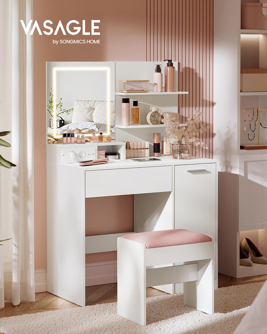 Sminkbord med LED-spegel och låda – Vit