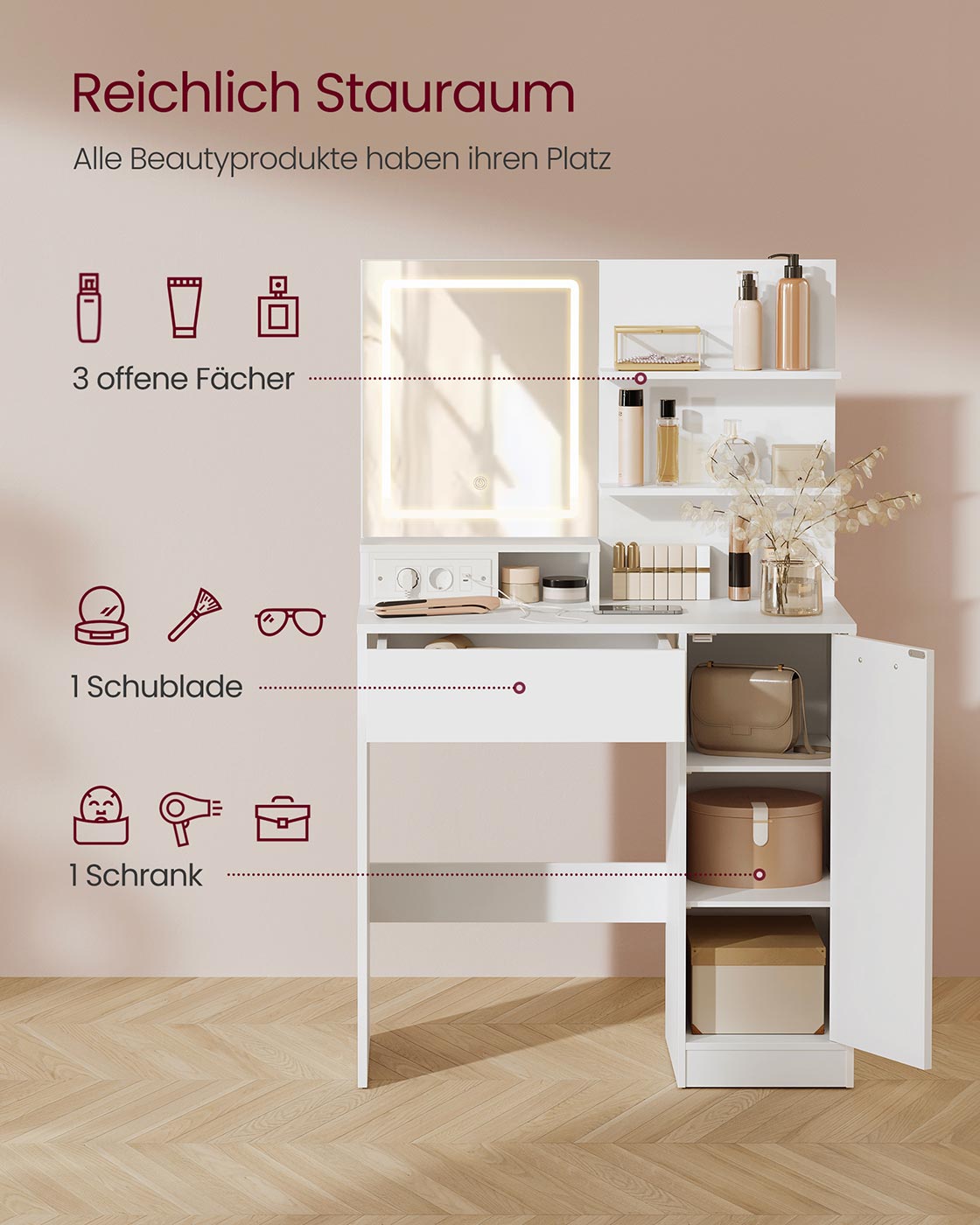 Sminkbord med LED-spegel och låda – Vit