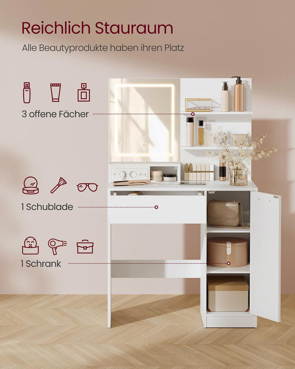 Sminkbord med LED-spegel och låda – Vit