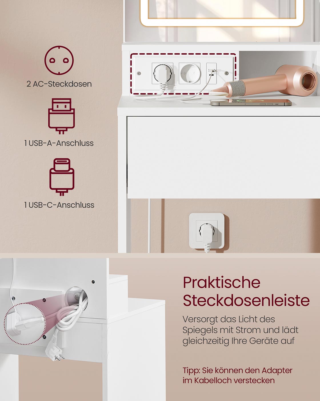 Sminkbord med LED-spegel och låda – Vit