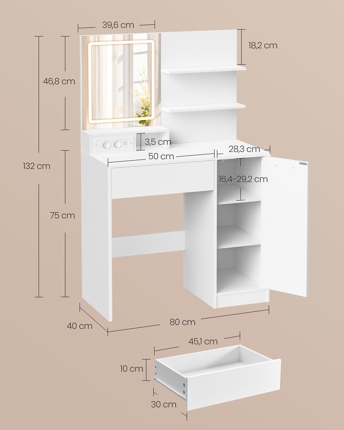 Sminkbord med LED-spegel och låda – Vit