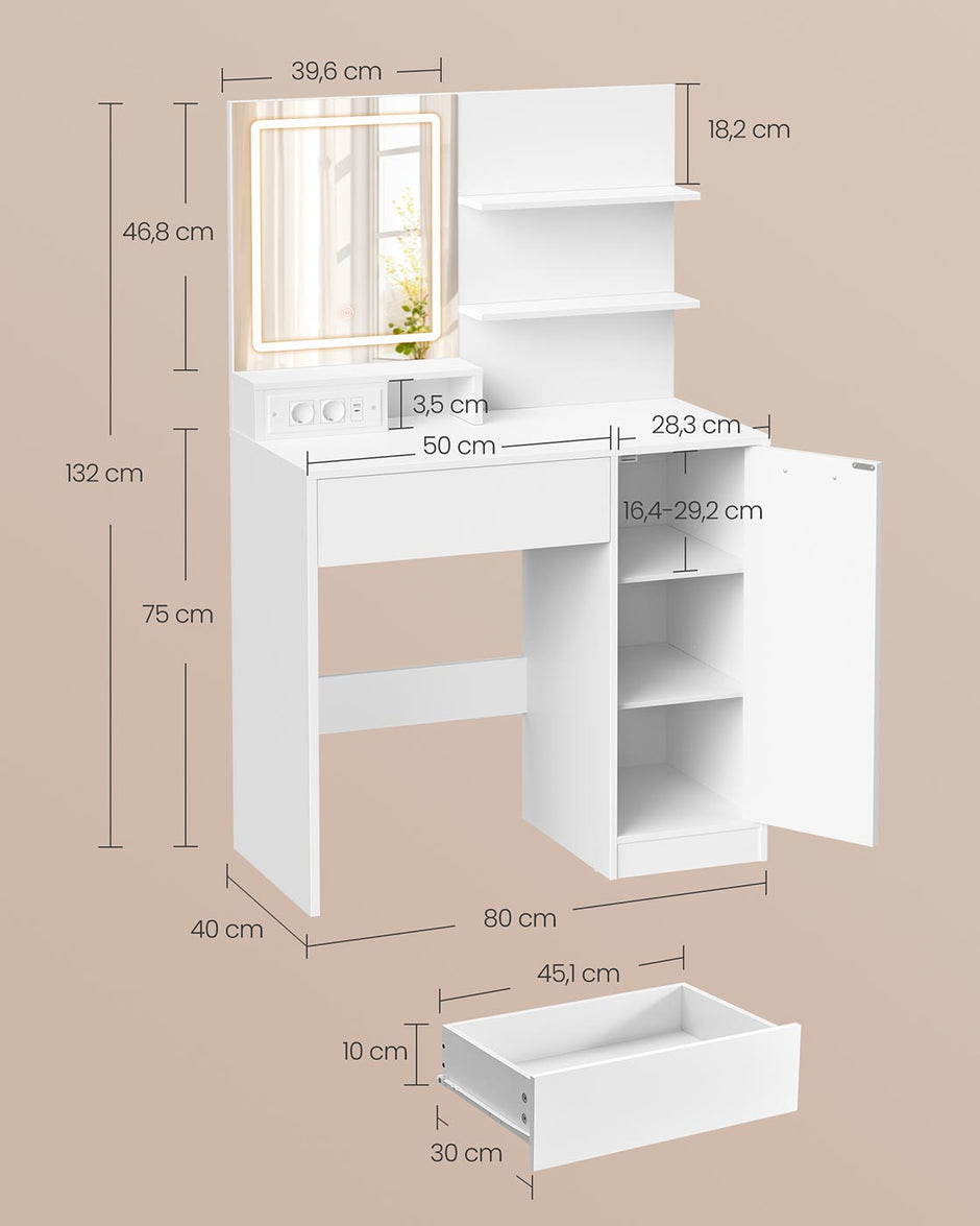 Sminkbord med LED-spegel och låda – Vit
