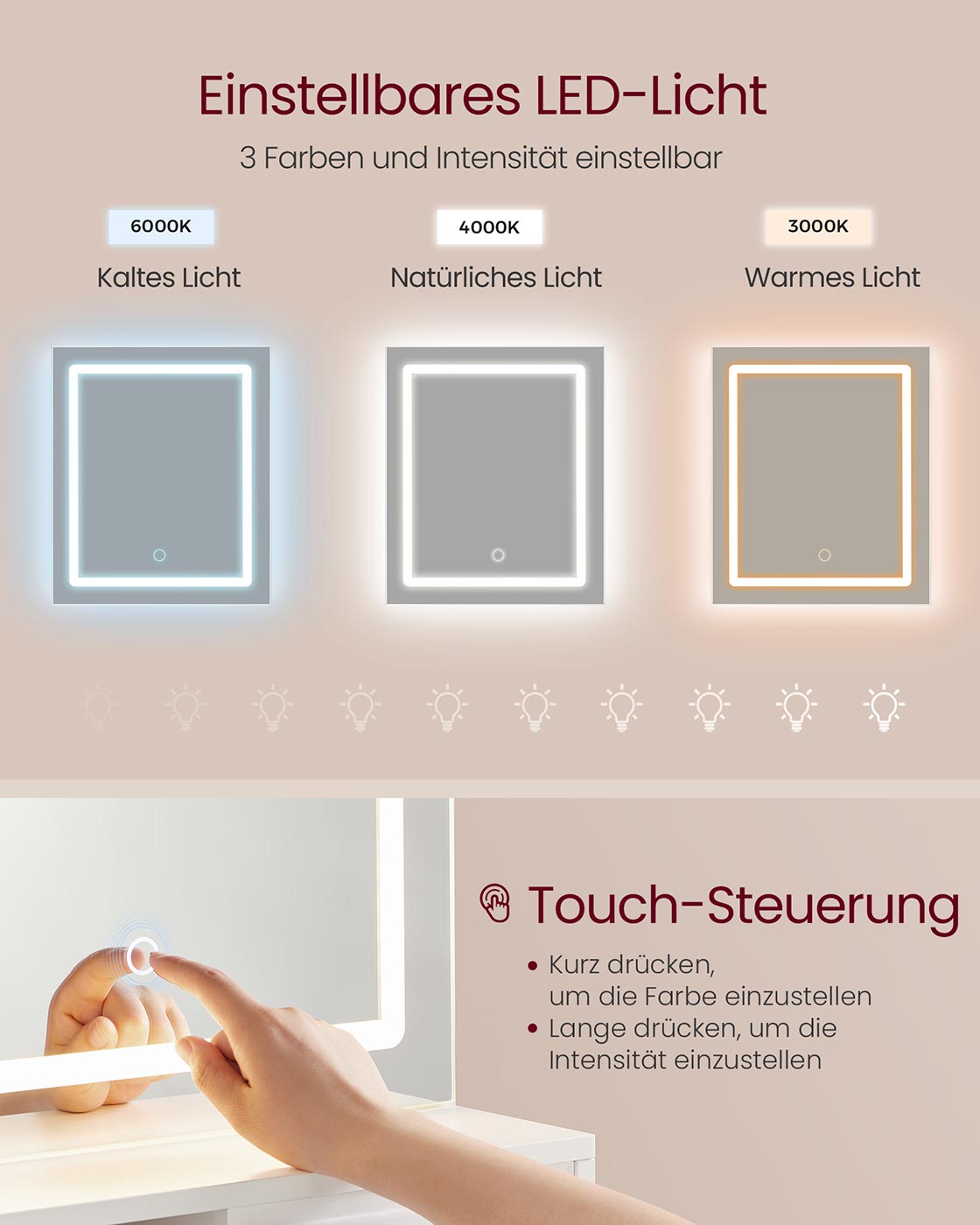 Sminkbord med LED-spegel och låda – Vit