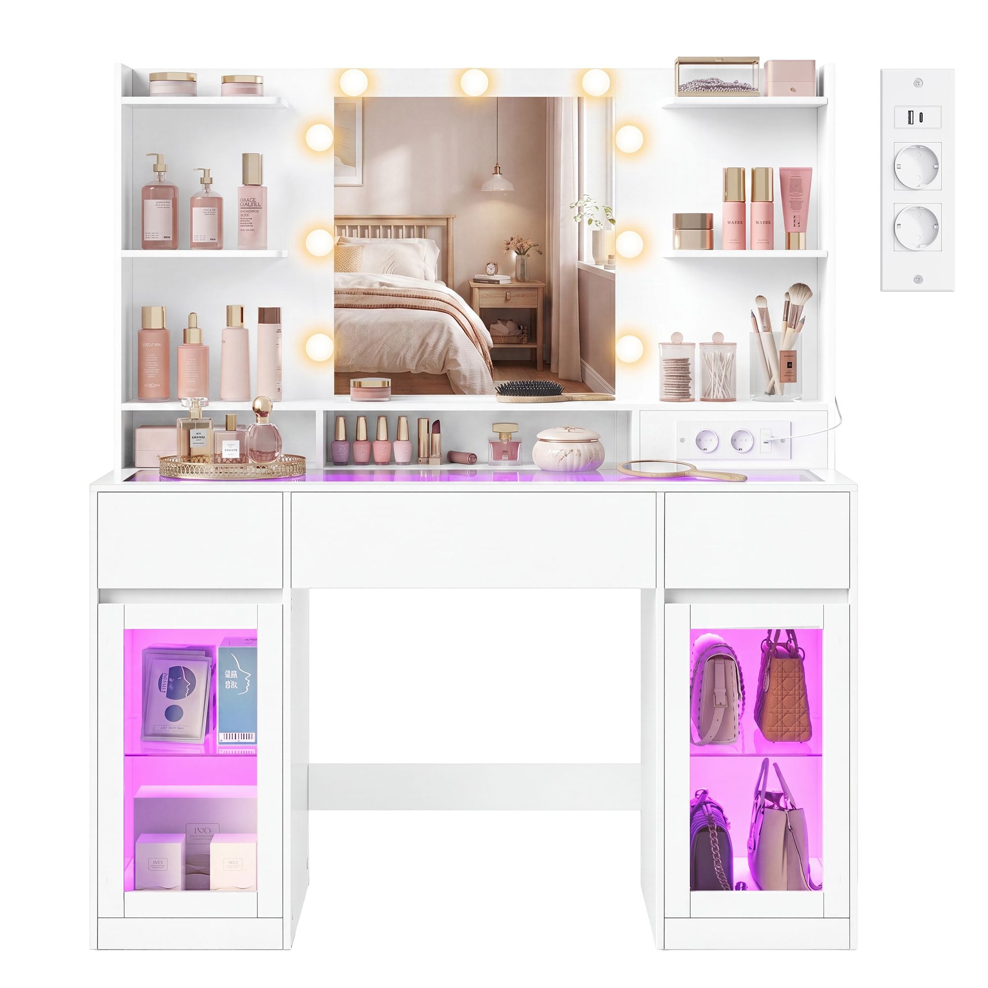 Kaptafel met Spiegel - RGB-Verlichting - Met Stopcontact - 2 Kastjes - Mat Wit