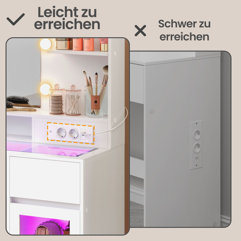 Kaptafel met Spiegel - RGB-Verlichting - Met Stopcontact - 2 Kastjes - Mat Wit