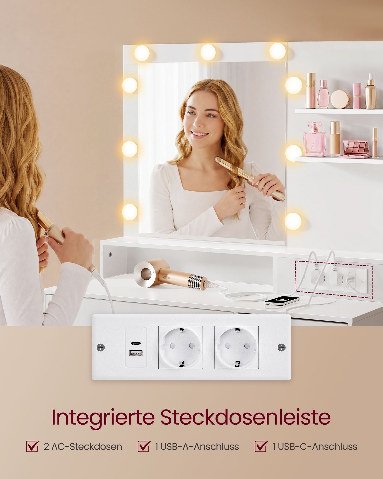 Kaptafel - Met Verlichte Spiegel en Schuifladen - Wolkwit - 40 x 80 x 144,3 cm