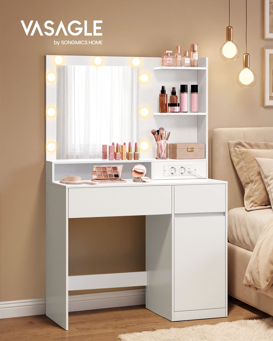 Kaptafel - Met Verlichte Spiegel en Schuifladen - Matwit - 80 x 80 x 144,3 cm