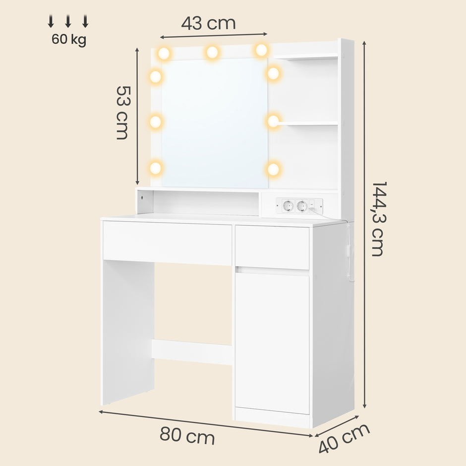 Kaptafel - Met Verlichte Spiegel en Schuifladen - Wit - 80 x 80 x 144,3 cm