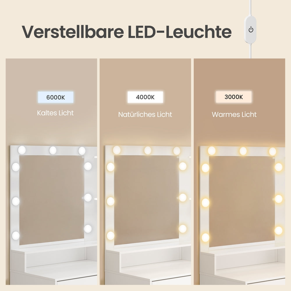 Kaptafel - Met Verlichte Spiegel en Schuifladen - Wit - 80 x 80 x 144,3 cm