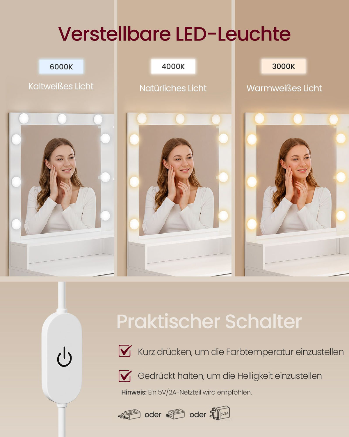 Kaptafel - Met Verlichte Spiegel en Schuifladen - Matwit - 80 x 80 x 144,3 cm
