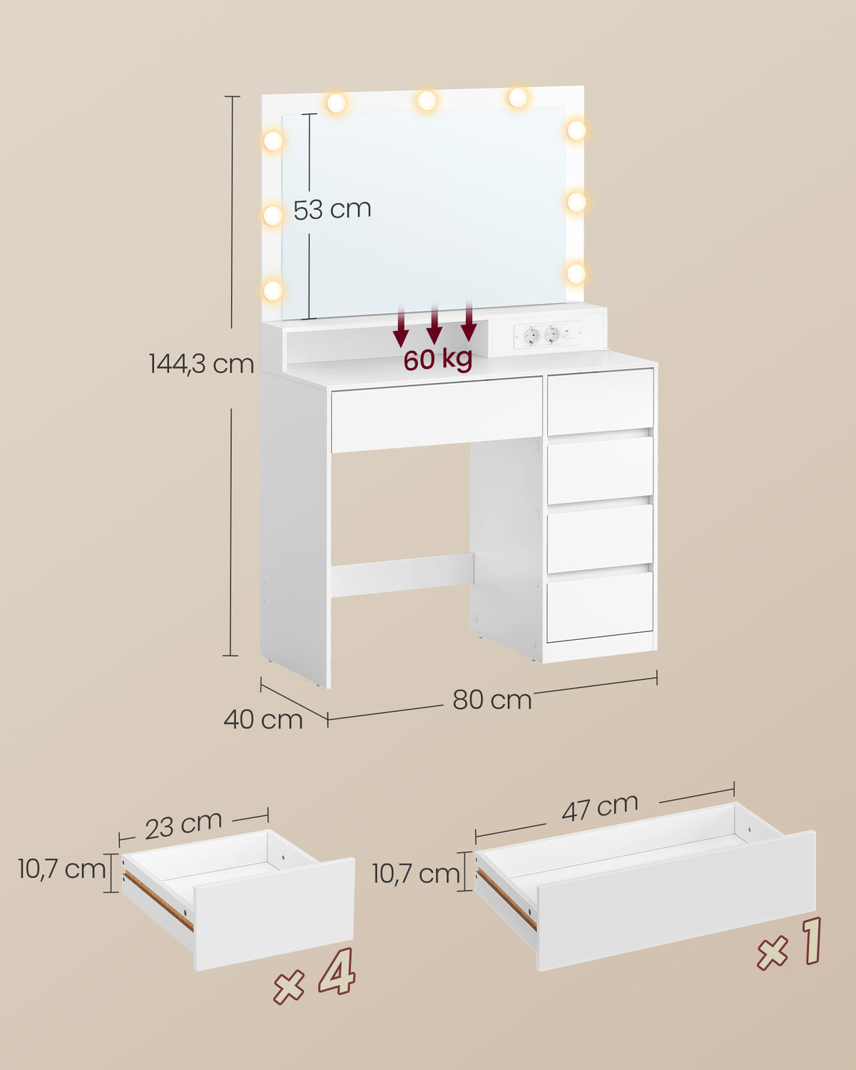 Kaptafel met Spiegel – RGB-Verlichting – 5 Lades – Stopcontacten – 80 cm – Wit