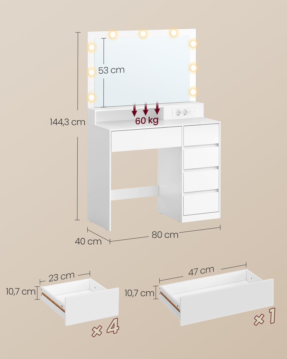 Kaptafel met Spiegel – RGB-Verlichting – 5 Lades – Stopcontacten – 80 cm – Wit