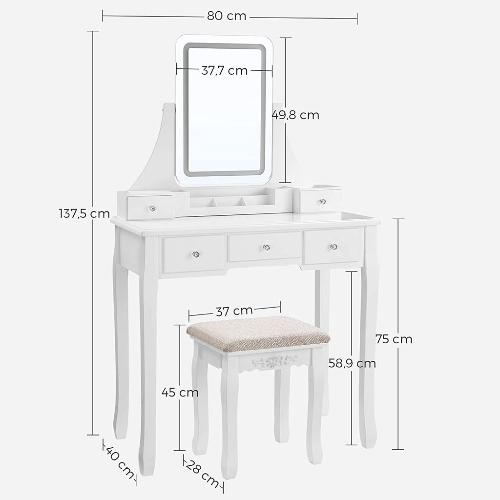 Toalettbord - Make -Up -bord - med spegel - 5 lådor - LED -belysning - vit