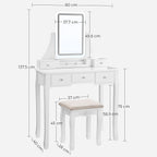 Toalettbord - Make -Up -bord - med spegel - 5 lådor - LED -belysning - vit