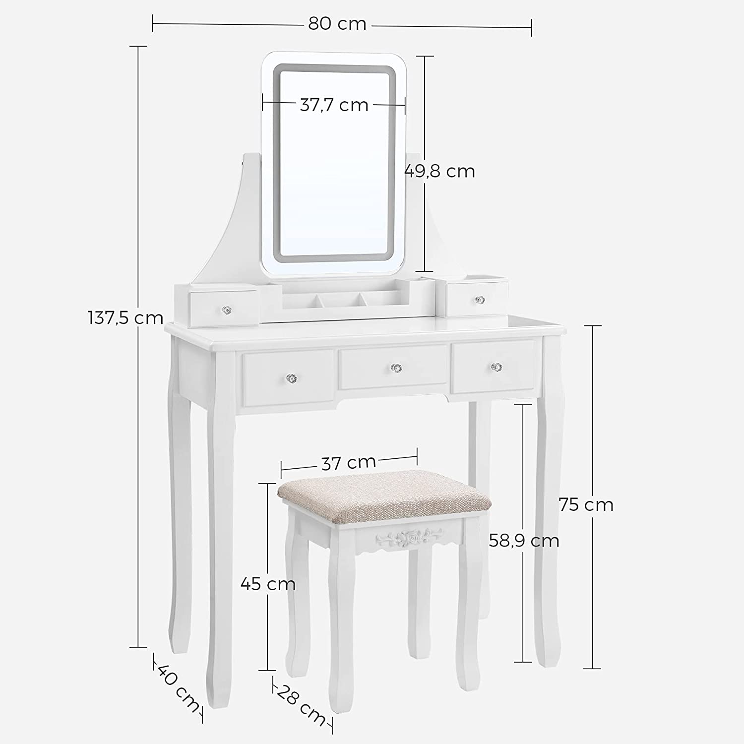 Toalettbord - Make -Up -bord - med spegel - 5 lådor - LED -belysning - vit