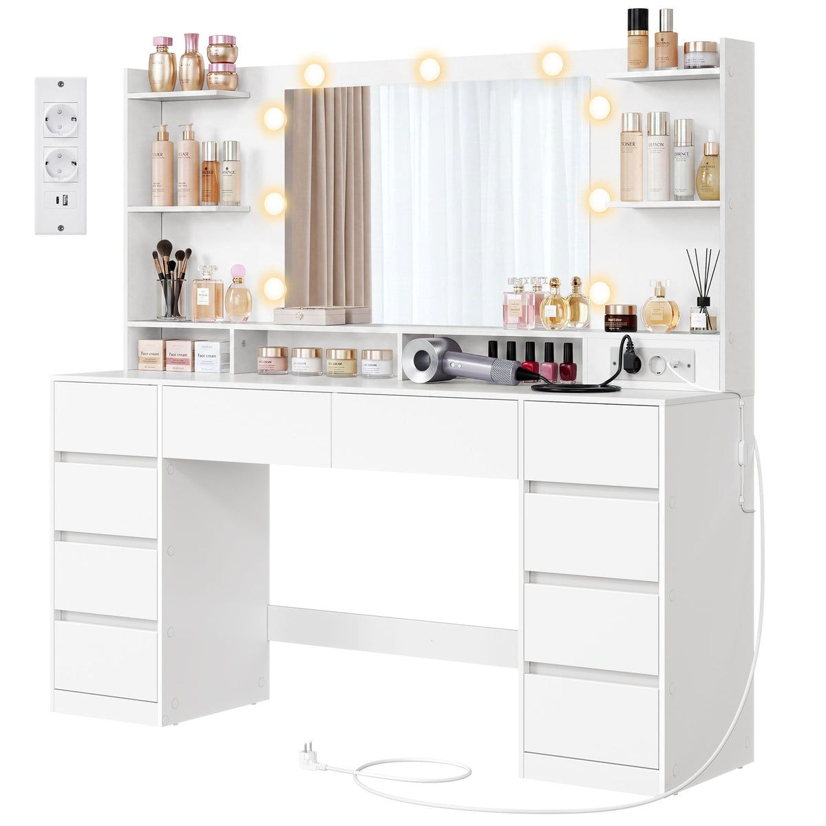 Kaptafel - Met Verlichte Spiegel en Schuifladen - Wolkwit - 137 x 40 x 144,3 cm