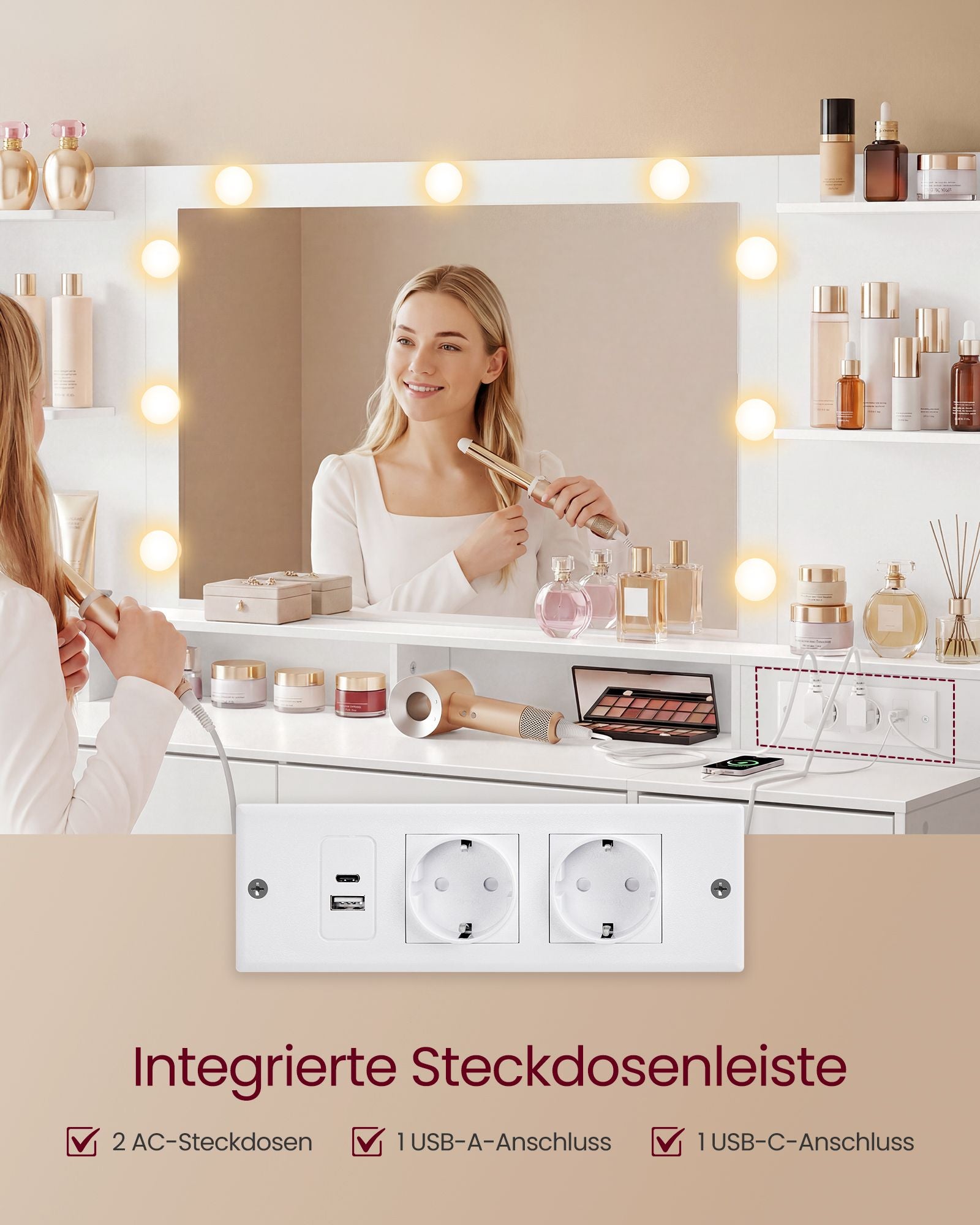 Kaptafel - Met Verlichte Spiegel en Schuifladen - Wolkwit - 137 x 40 x 144,3 cm
