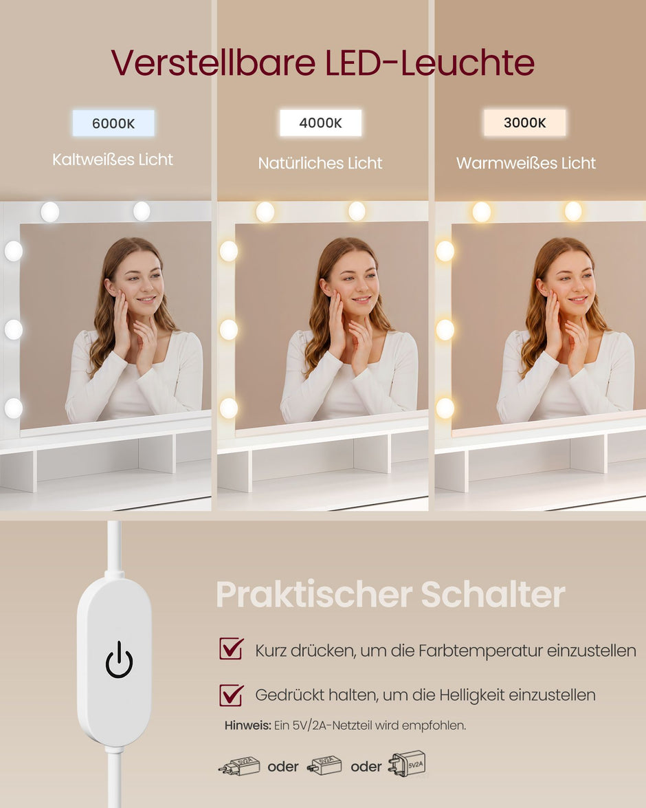 Kaptafel - Met Verlichte Spiegel en Schuifladen - Wolkwit - 137 x 40 x 144,3 cm