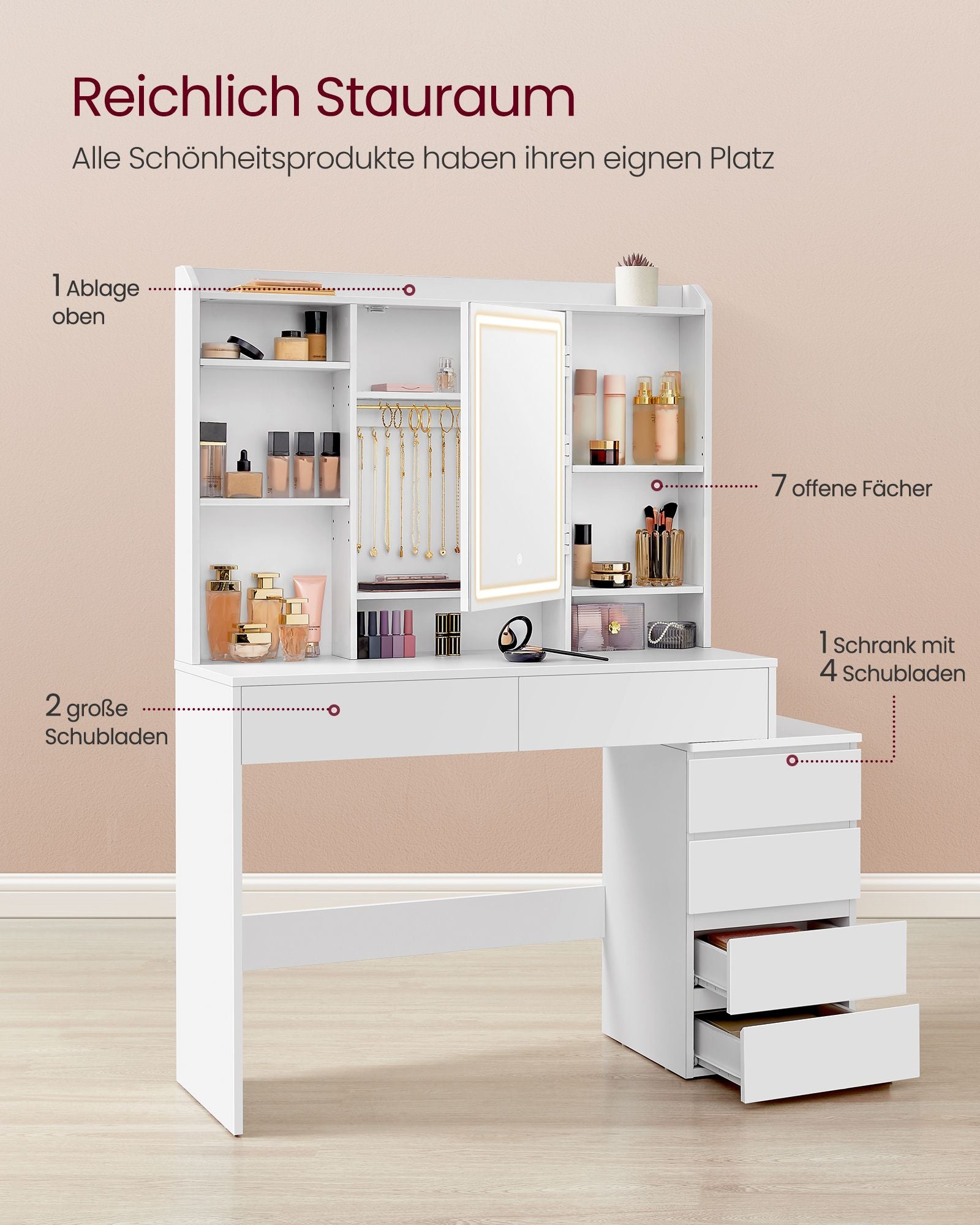 Sminkbord med LED-belysning – Modern Design – Vit