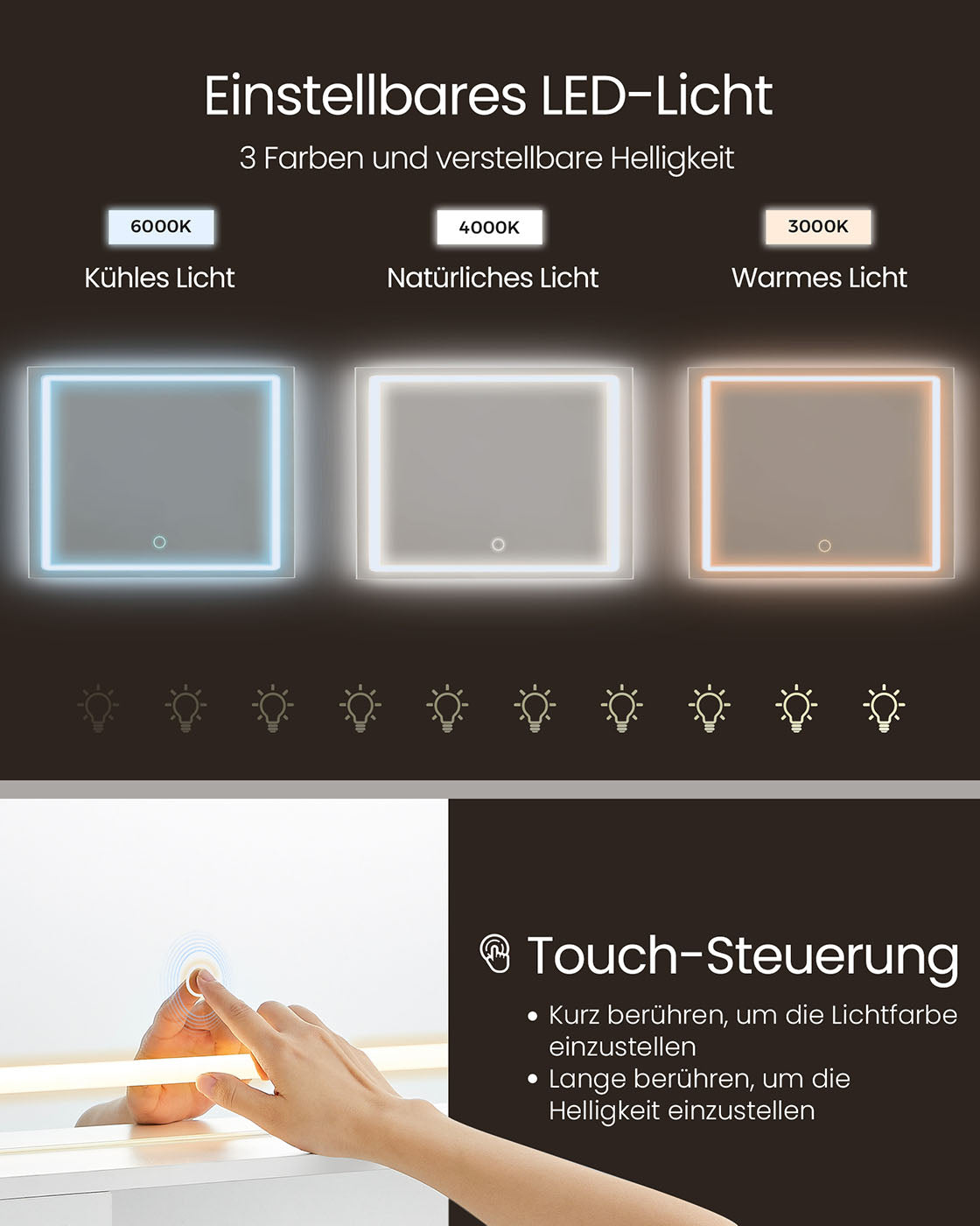 Toalettbord med LED -belysning 110 cm bred