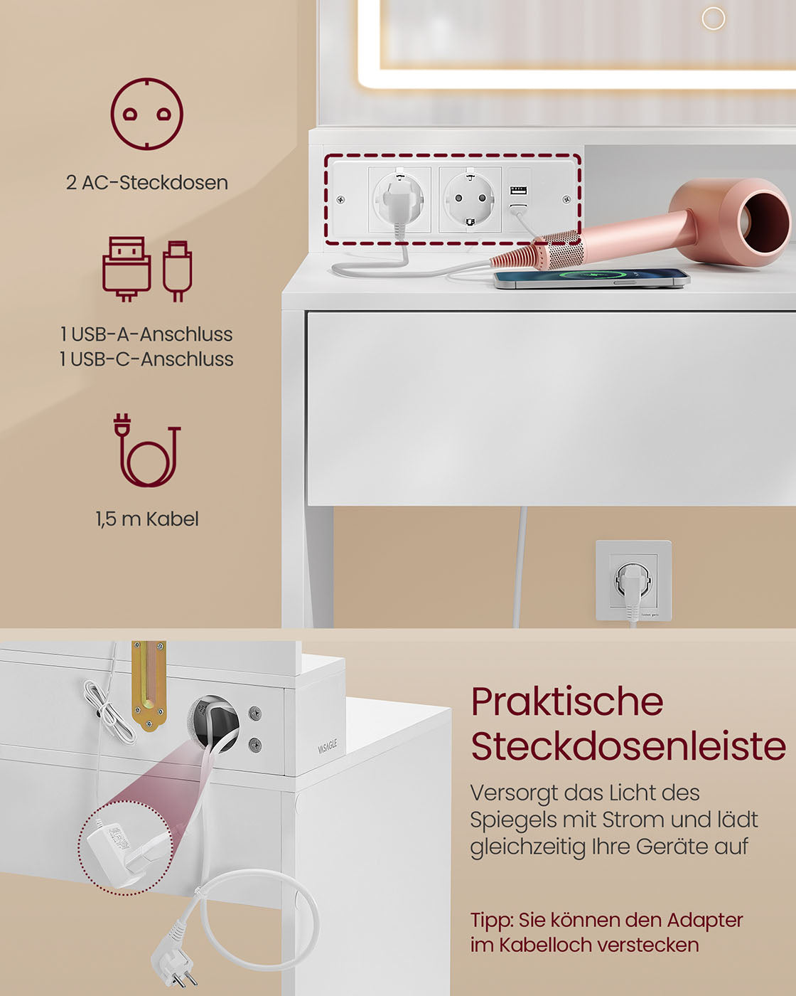 Sminkbord med LED-belysning – 110 cm brett – molnvit